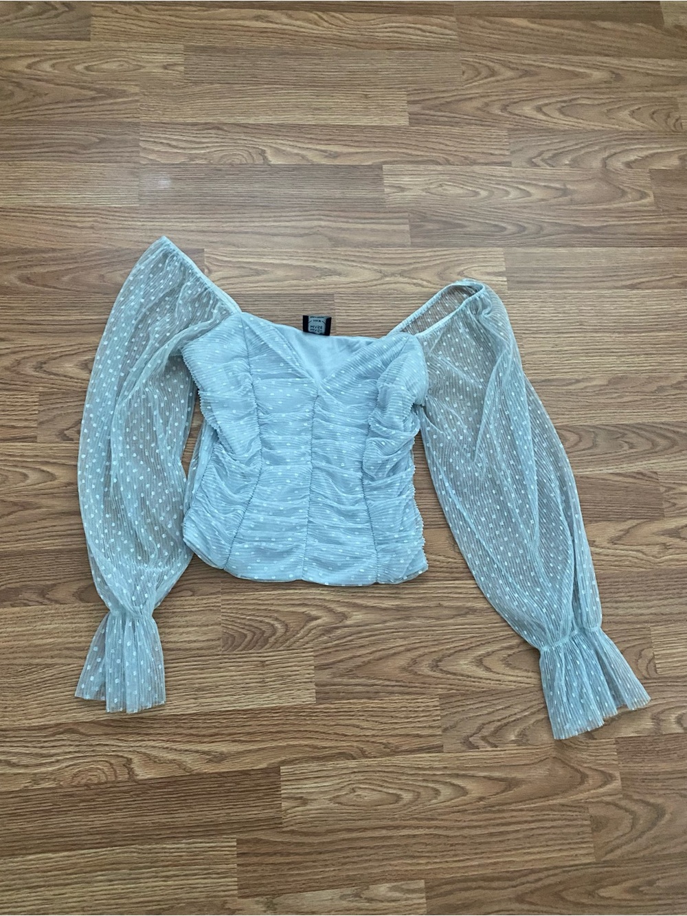 Light Blue Ruched Swiss Dot Puff Sleeve Top